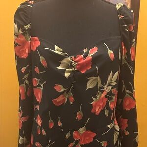 Black Slinky Red Floral Print Sweetheart Neckline Dress With Ruched Side 1XL